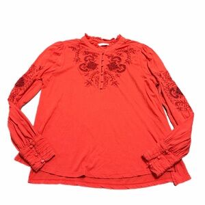 Y2K Vintage Lucky Brand Embroidered Boho Peasant Blouse (Chili Red) Size Large